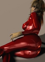 Cute brunette in red pvc poses in 3d